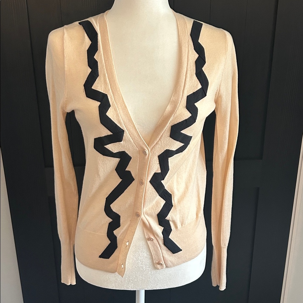 J. Crew Beige Knit Cardigan with Black Pattern